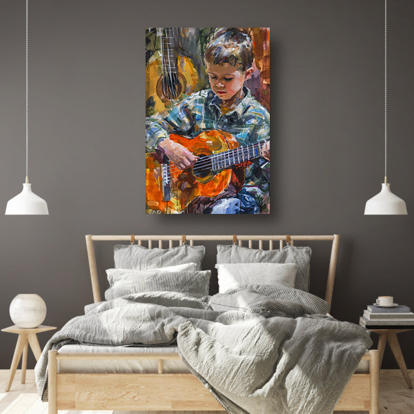 Jongen Speelt Op Kleurrijk Gitaar poster