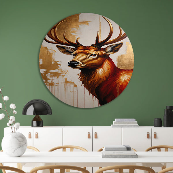 Majestueus hert met gouden gewei op canvas aluminium muurcirkel