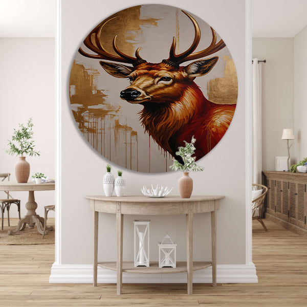 Majestueus hert met gouden gewei op canvas aluminium muurcirkel