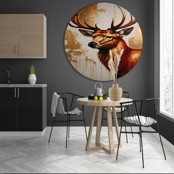 Majestueus hert met gouden gewei op canvas aluminium muurcirkel