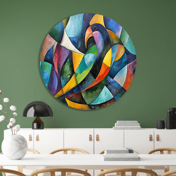 Abstract kunstwerk van kleurrijke papegaai aluminium muurcirkel