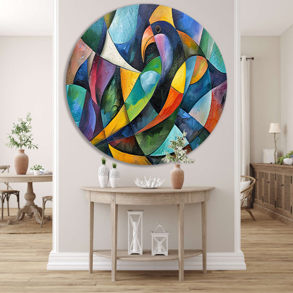 Abstract kunstwerk van kleurrijke papegaai aluminium muurcirkel