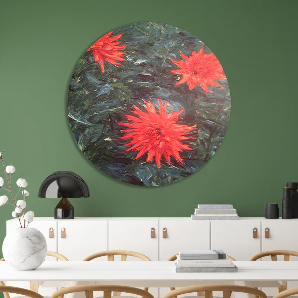 Rode cactusdahlias - Gustave Caillebotte aluminium muurcirkel