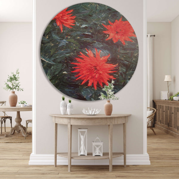 Rode cactusdahlias - Gustave Caillebotte aluminium muurcirkel