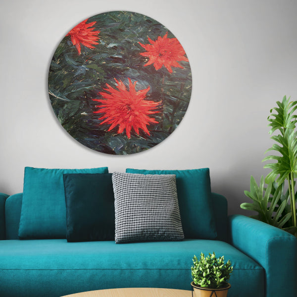 Rode cactusdahlias - Gustave Caillebotte aluminium muurcirkel