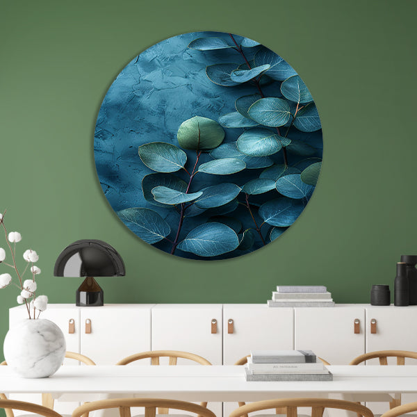 Abstracte kunst van bladeren op getextureerde blauwe achtergrond forex muurcirkel