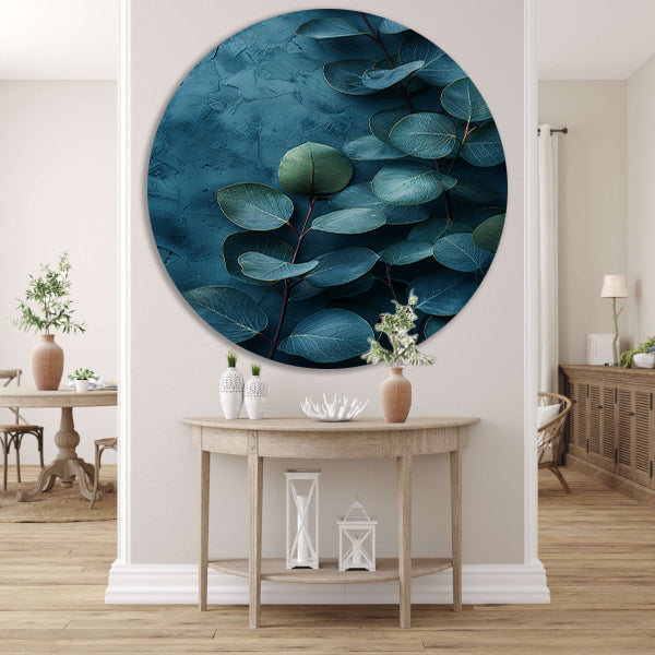 Abstracte kunst van bladeren op getextureerde blauwe achtergrond forex muurcirkel
