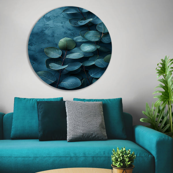 Abstracte kunst van bladeren op getextureerde blauwe achtergrond forex muurcirkel