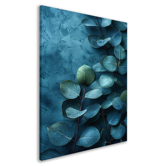 Abstracte kunst van bladeren op getextureerde blauwe achtergrond canvas