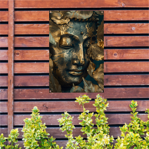 Blauwe en Gouden Boeddha met Bladmotieven tuinposter