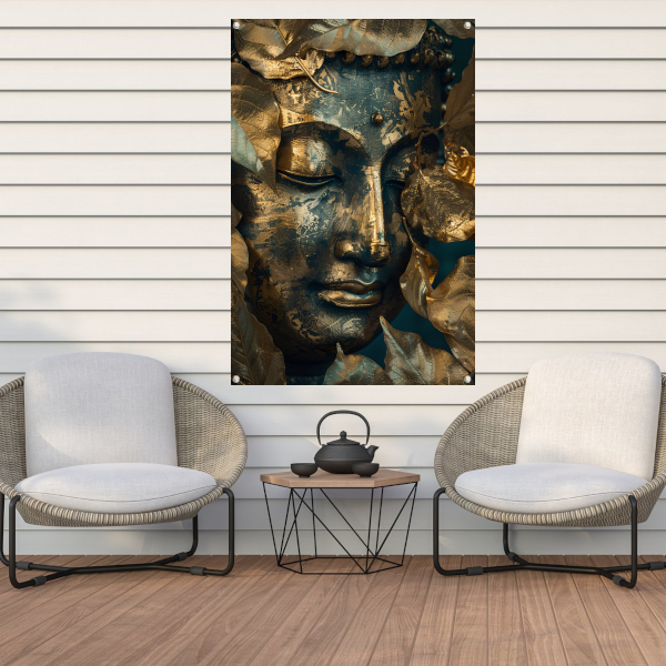 Blauwe en Gouden Boeddha met Bladmotieven tuinposter