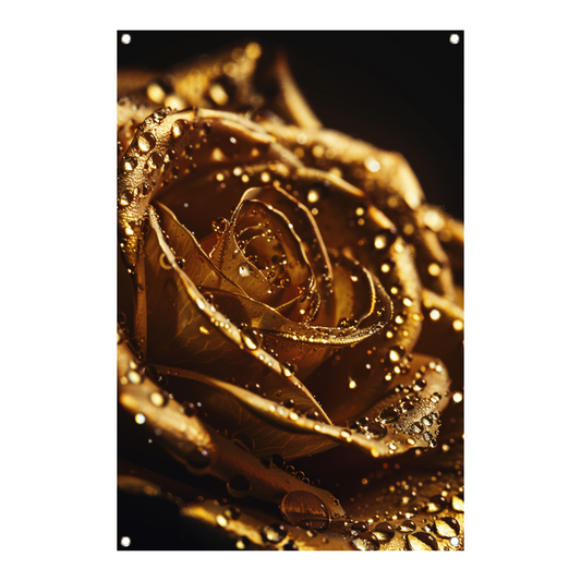 Gouden roos met glinsterende dauwdruppels close-up tuinposter