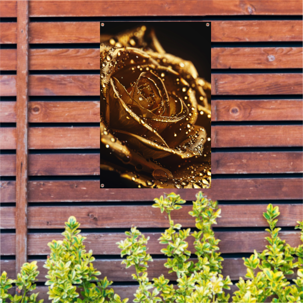 Gouden roos met glinsterende dauwdruppels close-up tuinposter