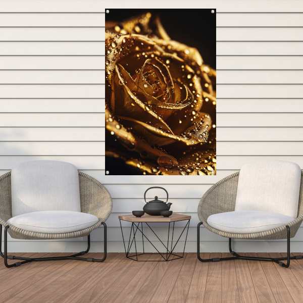 Gouden roos met glinsterende dauwdruppels close-up tuinposter