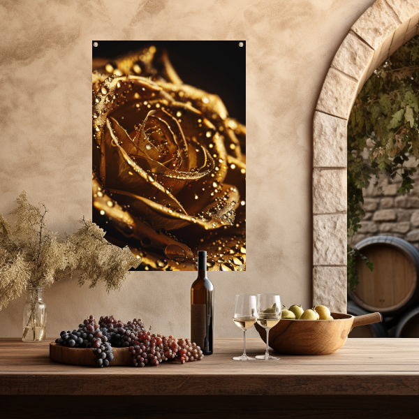 Gouden roos met glinsterende dauwdruppels close-up tuinposter