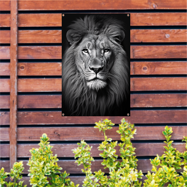 Koning der Dieren: Zwarte en Witte Leeuw tuinposter
