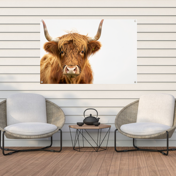 Close-up van een Schotse hooglander met indrukwekkende hoorns tuinposter