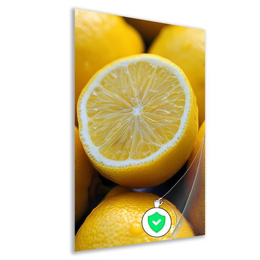 Close-up van een sappige citroen met waterdruppels poster