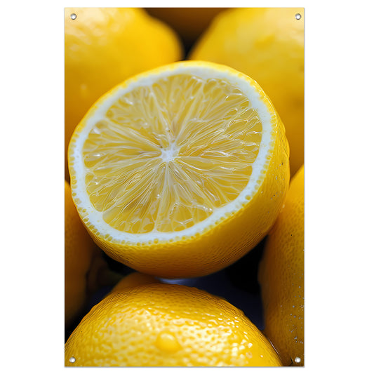 Close-up van een sappige citroen met waterdruppels tuinposter