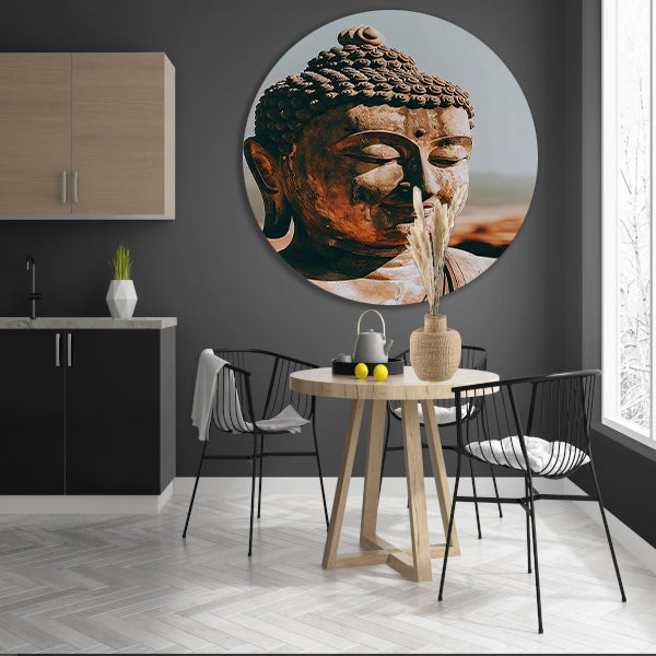Rustgevende Boeddha Beeld in Sepia aluminium muurcirkel