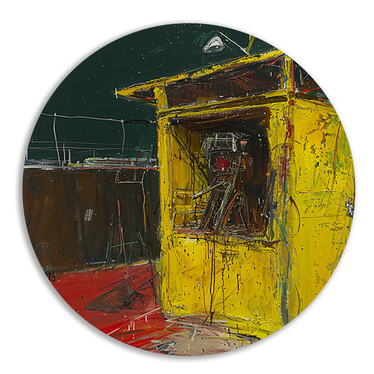 Abstract schilderij van een gereedschaphok aluminium muurcirkel