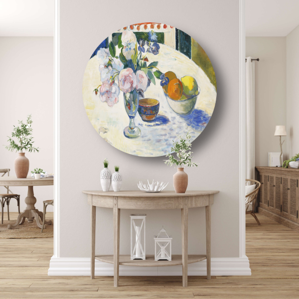 Bloemen en een fruitschaal op tafel - Paul Gauguin aluminium muurcirkel
