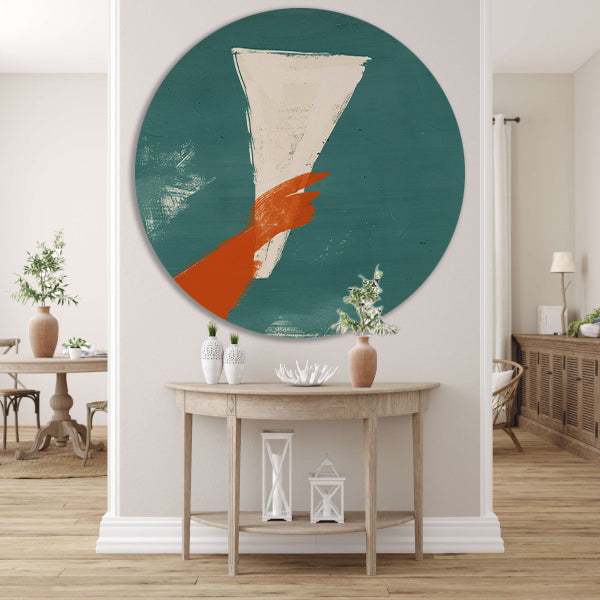 Abstract Rode Hand met Papier aluminium muurcirkel