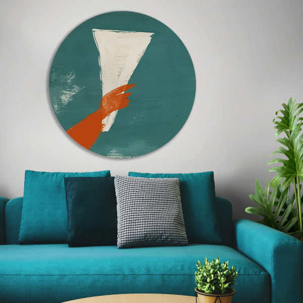 Abstract Rode Hand met Papier aluminium muurcirkel
