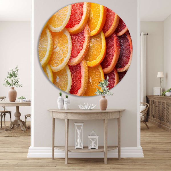 Citrusvruchtenstilleven aluminium muurcirkel