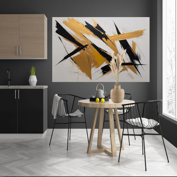 Dynamische Abstractie in Goud en Zwart canvas met baklijst