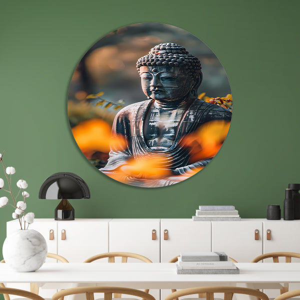 Meditatieve Boeddha in herfstachtige omgeving forex muurcirkel