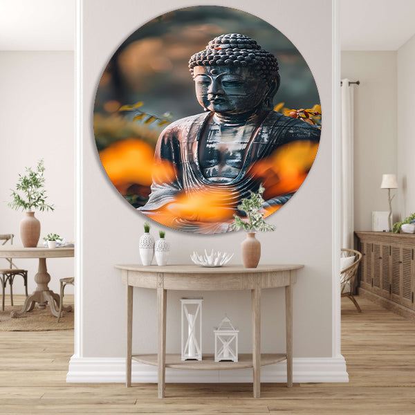 Meditatieve Boeddha in herfstachtige omgeving forex muurcirkel
