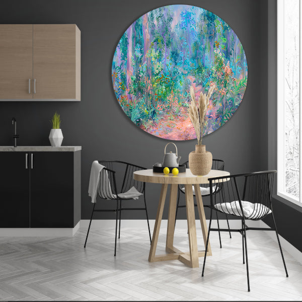 Betoverend schilderij van kleurrijk boslandschap aluminium muurcirkel