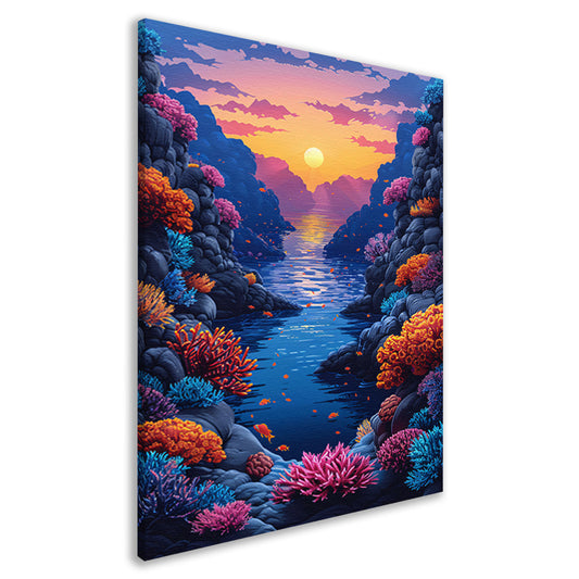 Kleurrijk koraalrif bij zonsondergang canvas