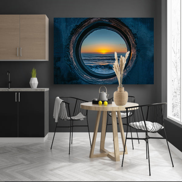 Zonsondergang door een ronde opening aan zee poster