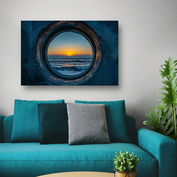 Zonsondergang door een ronde opening aan zee poster