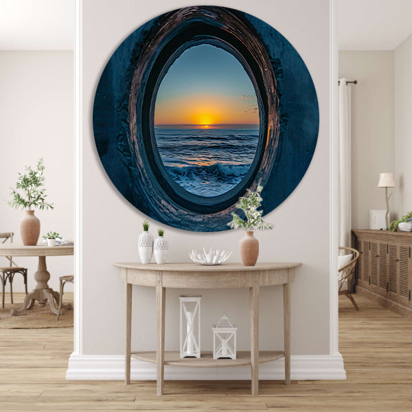 Zonsondergang door een ronde opening aan zee aluminium muurcirkel