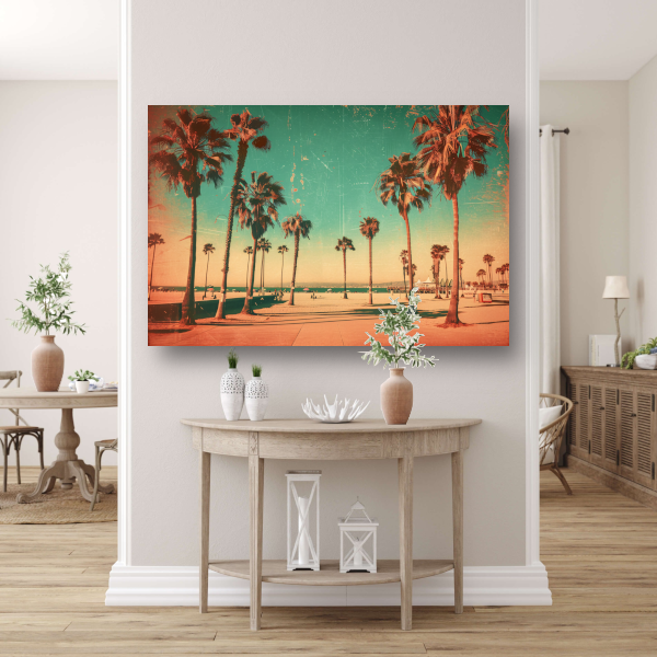 Sepia Palmbomen op een Zonovergoten Strand poster