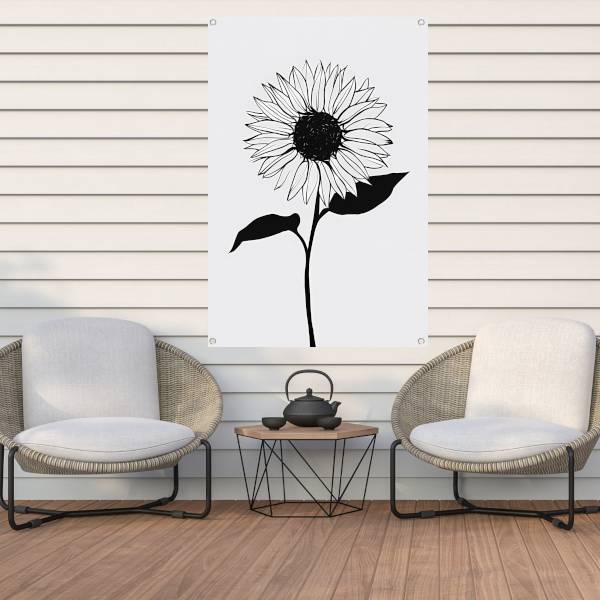Minimalistische zwarte lijn zonnebloem kunst tuinposter