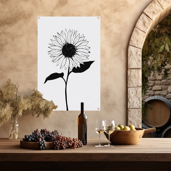 Minimalistische zwarte lijn zonnebloem kunst tuinposter