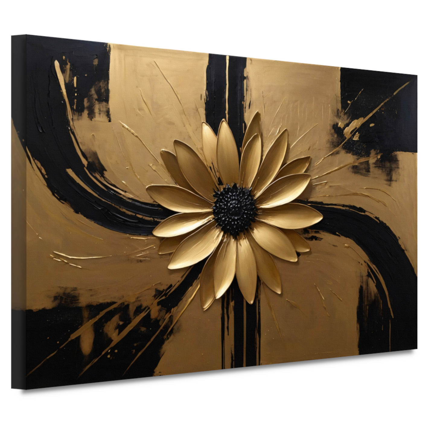 Gouden Bloem Abstract op Zwart Canvas canvas