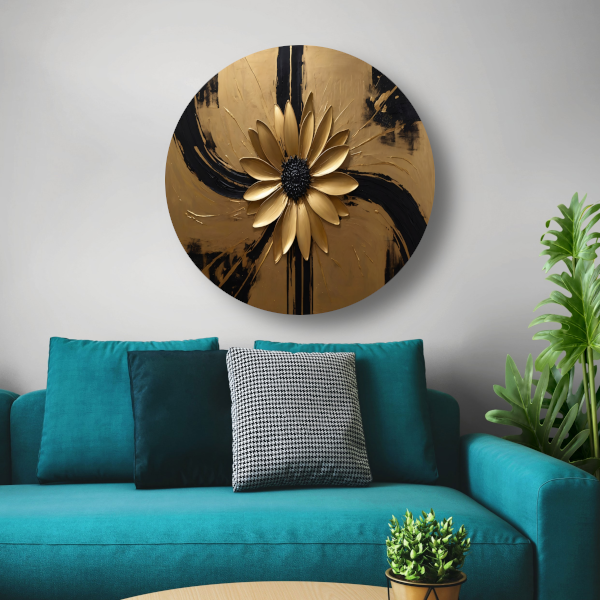 Gouden Bloem Abstract op Zwart forex muurcirkel