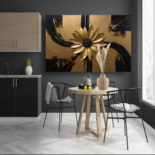 Gouden Bloem Abstract op Zwart Canvas poster