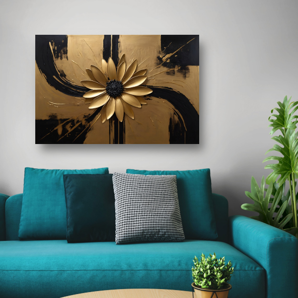 Gouden Bloem Abstract op Zwart Canvas poster