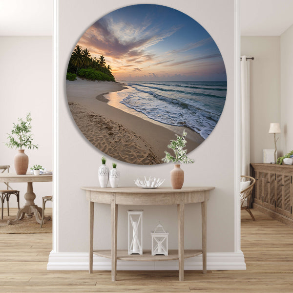 Prachtige zonsondergang aan rustig strand aluminium muurcirkel