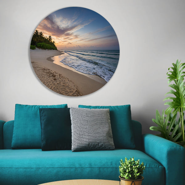 Prachtige zonsondergang aan rustig strand aluminium muurcirkel