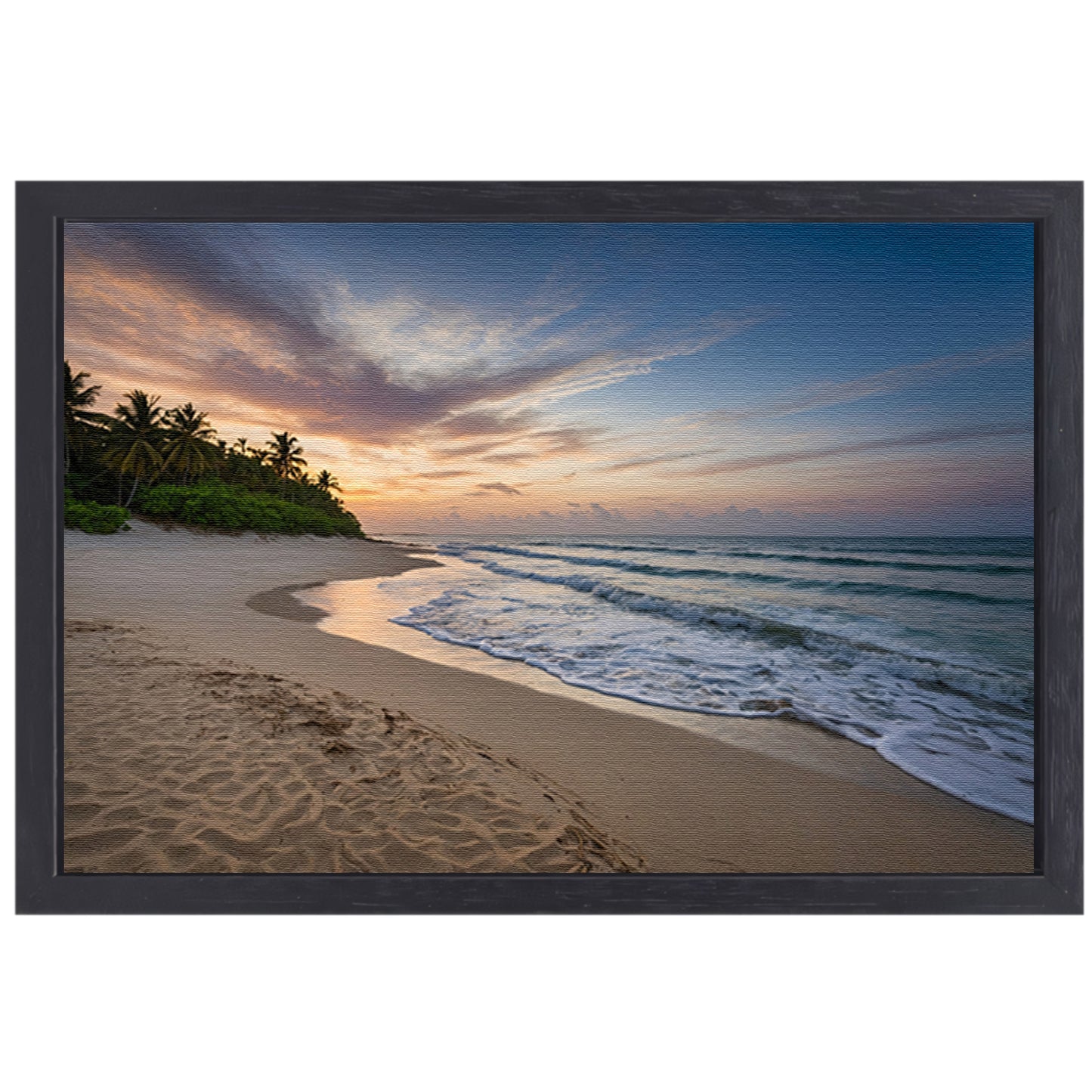 Prachtige zonsondergang aan rustig strand canvas met baklijst