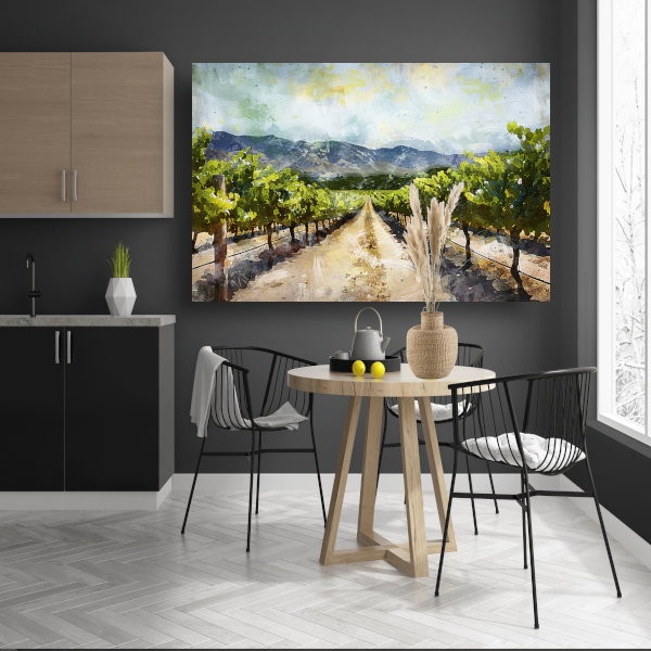Zonovergoten wijngaard met bergzicht canvas