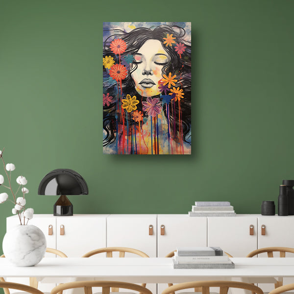 Slapende vrouw en kleurrijke bloemeneplosie canvas met baklijst