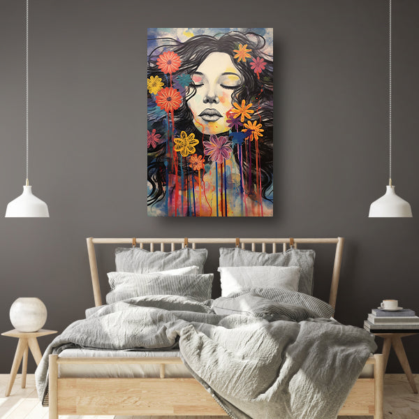 Slapende vrouw en kleurrijke bloemeneplosie canvas met baklijst
